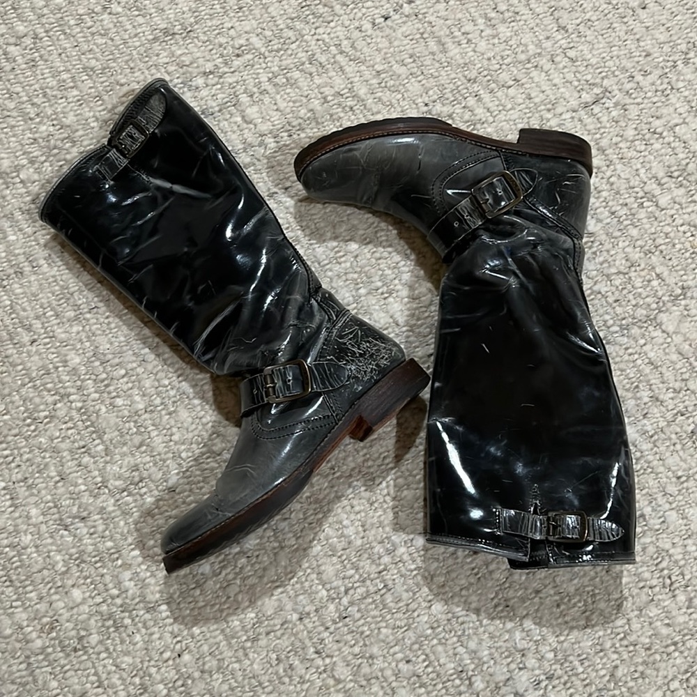 Frye Veronica Slouch Tall Distressed Patent Leather Boots 8.5